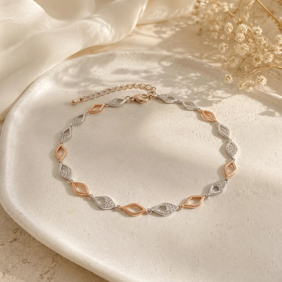 Dual-Tone Leaf Link Ladies Bracelet | 925 Sterling Silver