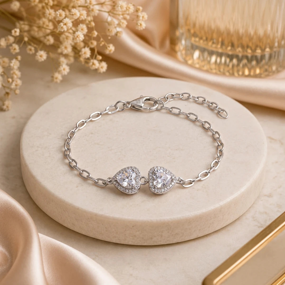 Double Heart Halo Ladies Bracelet | 925 Sterling Silver