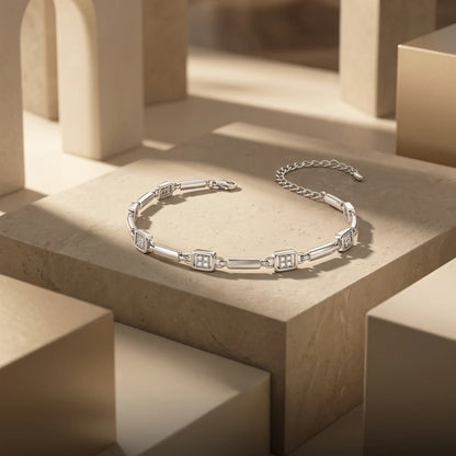 Rectangular Pavé & Tube Link Ladies Bracelet | 925 Sterling Silver