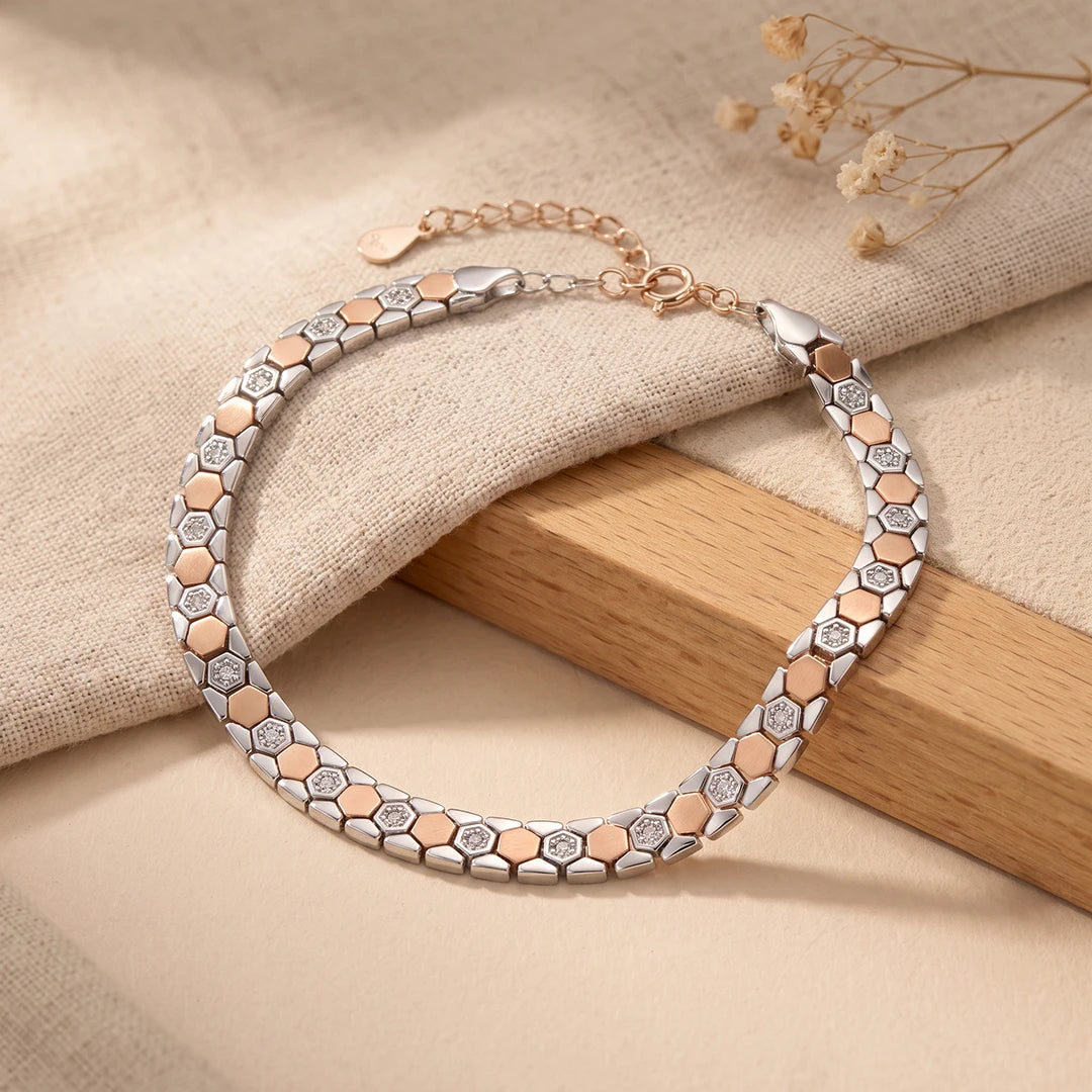 Dual-Tone Hexa Link Ladies Bracelet | 925 Sterling Silver