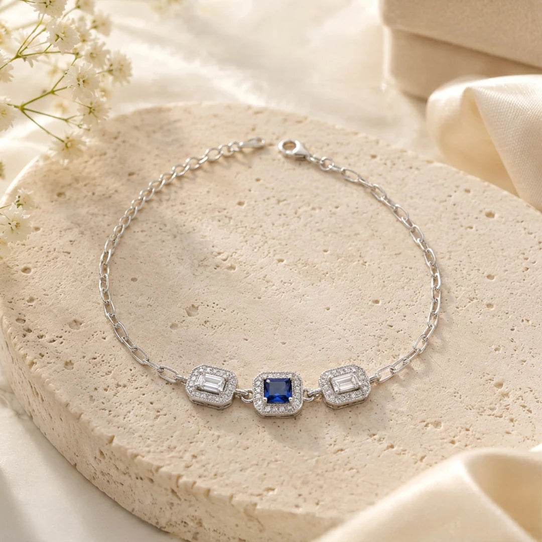 Royal Blue Square Halo Trio Ladies Bracelet | 925 Sterling Silver