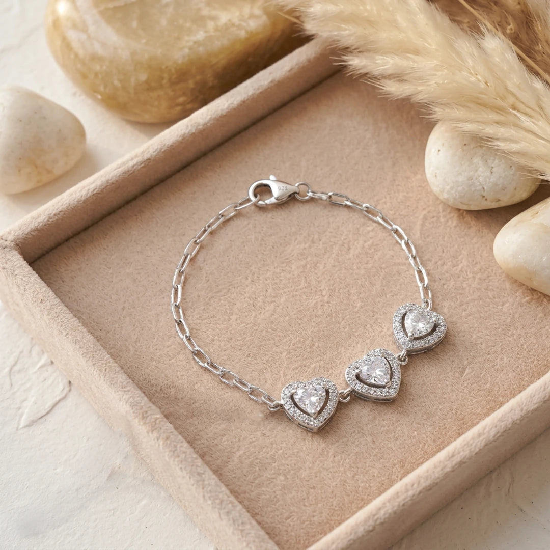 Triple Heart Halo Ladies Bracelet | 925 Sterling Silver