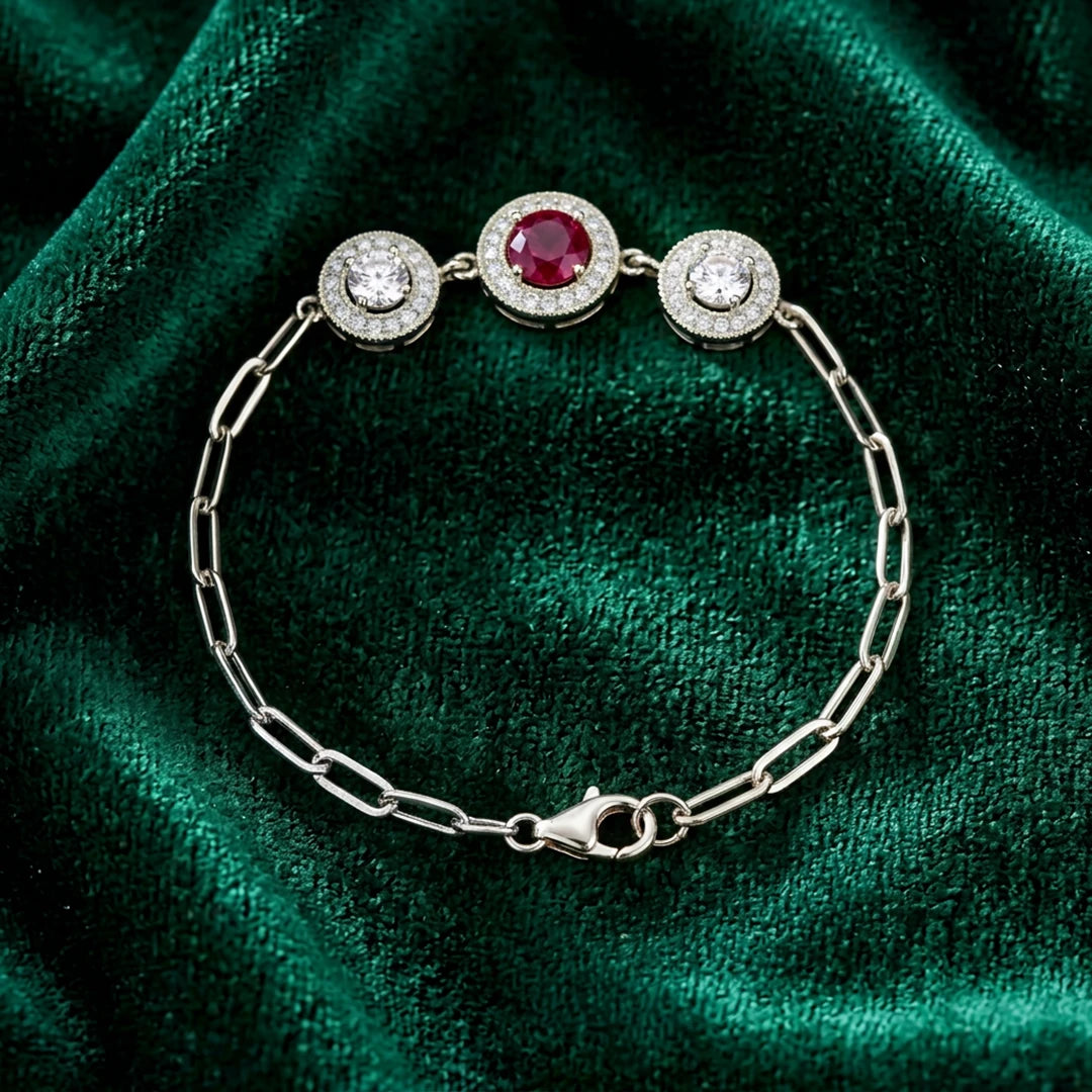 Ruby Red Trio Halo Ladies Bracelet | 925 Sterling Silver