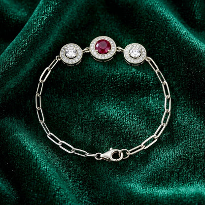 Ruby Red Trio Halo Ladies Bracelet | 925 Sterling Silver