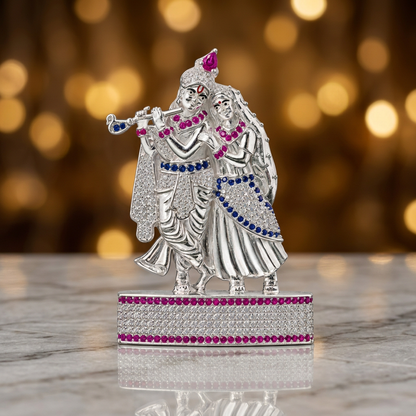 Silver Tone Radha Krishna Idol with Flute & Pink Blue Crystal Work