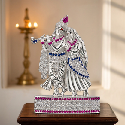 Silver Tone Radha Krishna Idol with Flute & Pink Blue Crystal Work