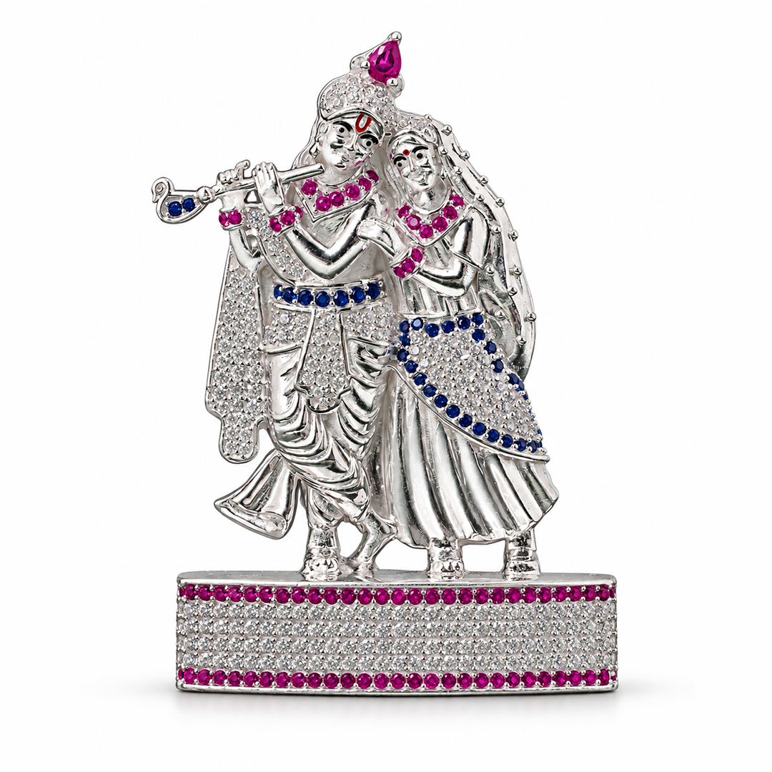 Silver Tone Radha Krishna Idol with Flute & Pink Blue Crystal Work