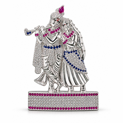 Silver Tone Radha Krishna Idol with Flute & Pink Blue Crystal Work