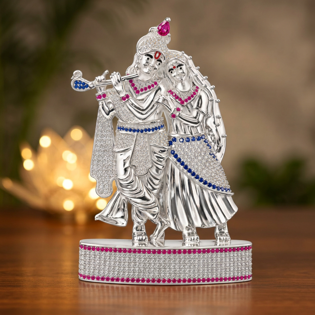 Silver Tone Radha Krishna Idol with Flute & Pink Blue Stone Work