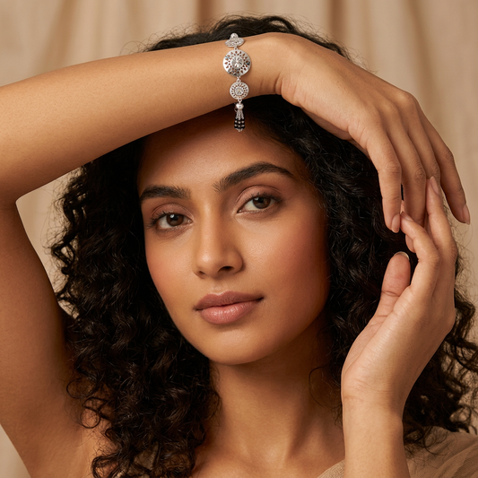 Silver Sunburst Mandala Disc Ladies Bracelet | 925 Sterling Silver