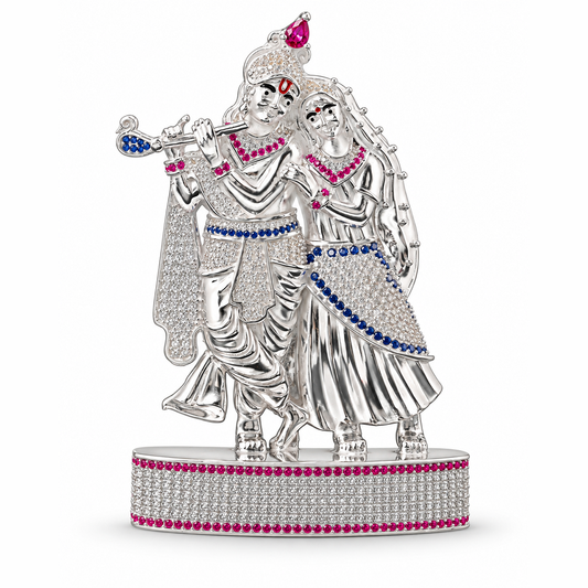 Silver Tone Radha Krishna Idol with Flute & Pink Blue Stone Work