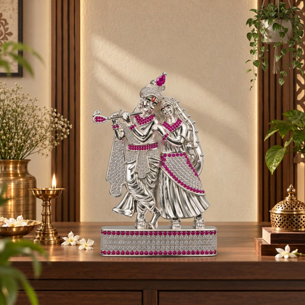 Silver Tone Radha Krishna Idol with Flute & Pink Clear Stone Work