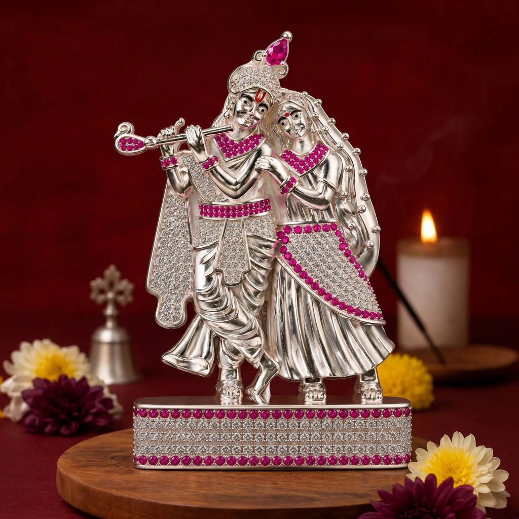 Silver Tone Radha Krishna Idol with Flute & Pink Clear Stone Work