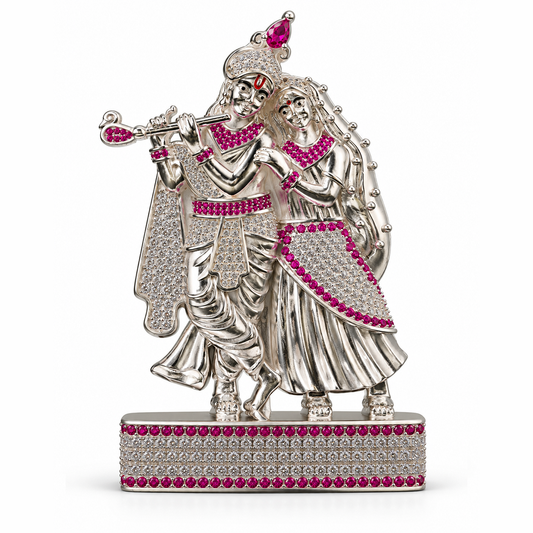 Silver Tone Radha Krishna Idol with Flute & Pink Clear Stone Work