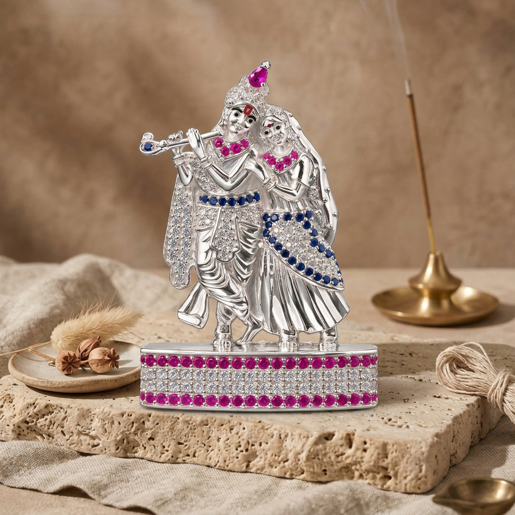 Silver Tone Radha Krishna Idol with Flute & Pink Blue Stone Work