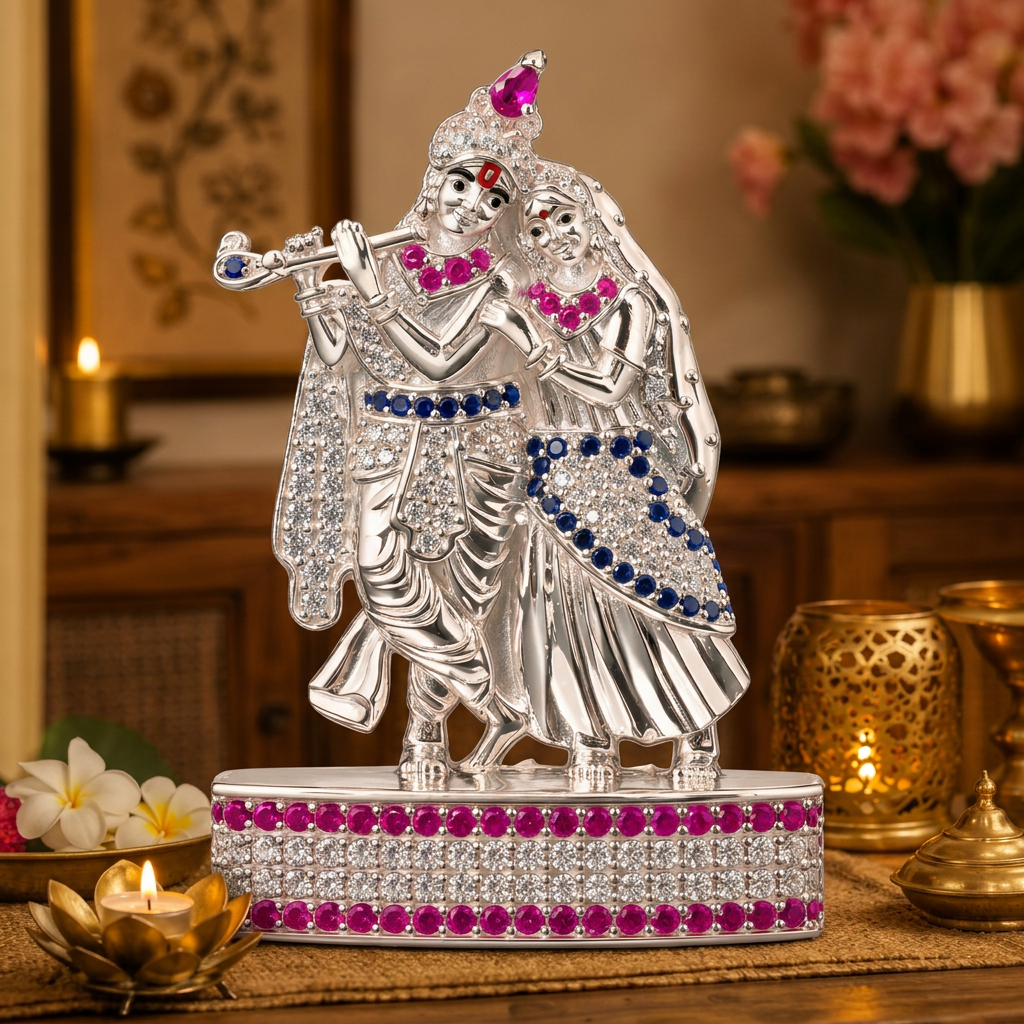 Silver Tone Radha Krishna Idol with Flute & Pink Blue Stone Work