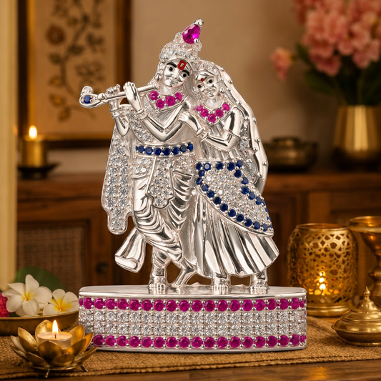 Silver Tone Radha Krishna Idol with Flute & Pink Blue Stone Work