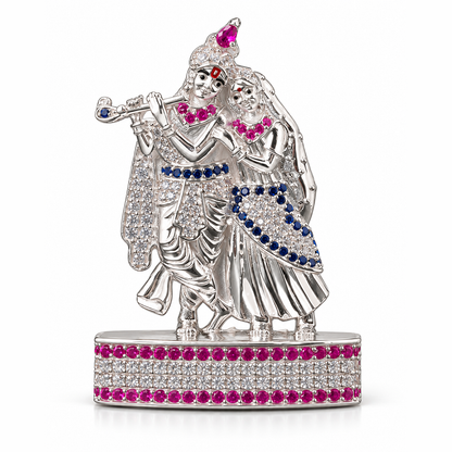 Silver Tone Radha Krishna Idol with Flute & Pink Blue Stone Work