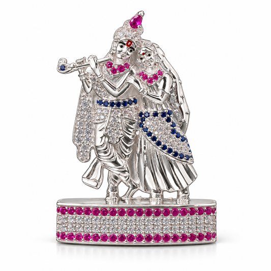 Silver Tone Radha Krishna Idol with Flute & Pink Blue Stone Work
