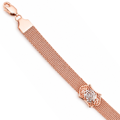 Rose Gold Mesh Rose Plaque Ladies Bracelet | 925 Sterling Silver