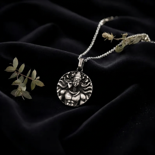 Antique Silver Tone Lord Shiva Round Pendant with Serpent & Crescent Moon