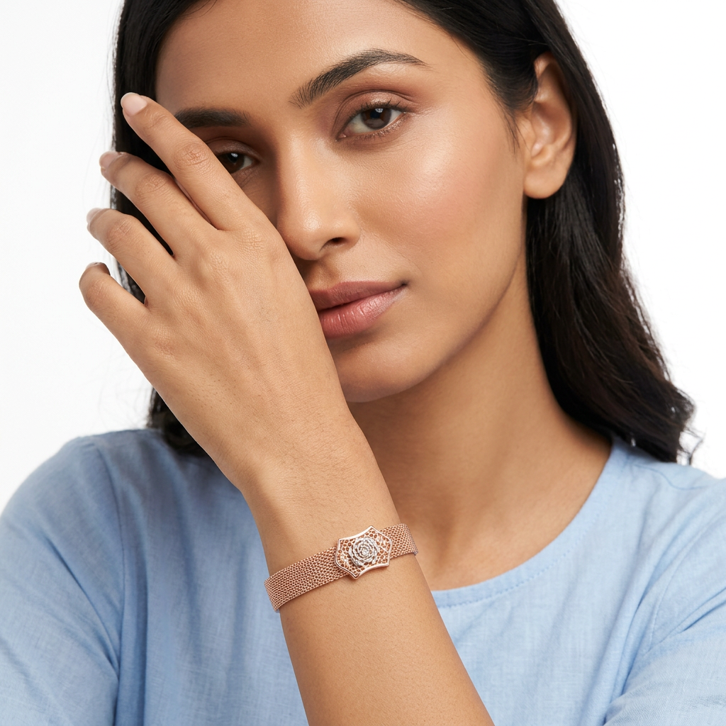 Rose Gold Mesh Rose Plaque Ladies Bracelet | 925 Sterling Silver