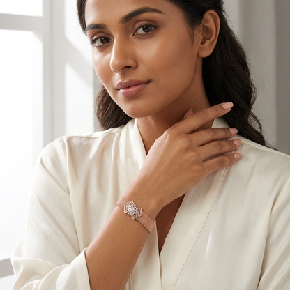 Rose Gold Mesh Rose Plaque Ladies Bracelet | 925 Sterling Silver