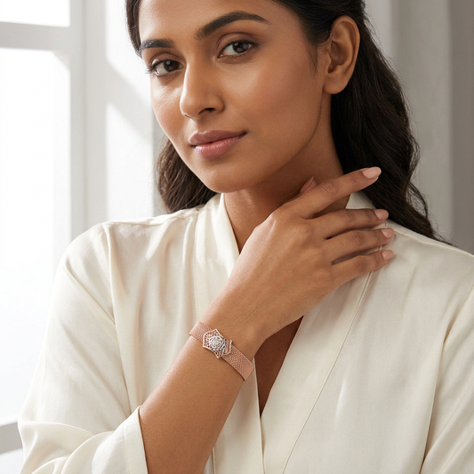 Rose Gold Mesh Rose Plaque Ladies Bracelet | 925 Sterling Silver