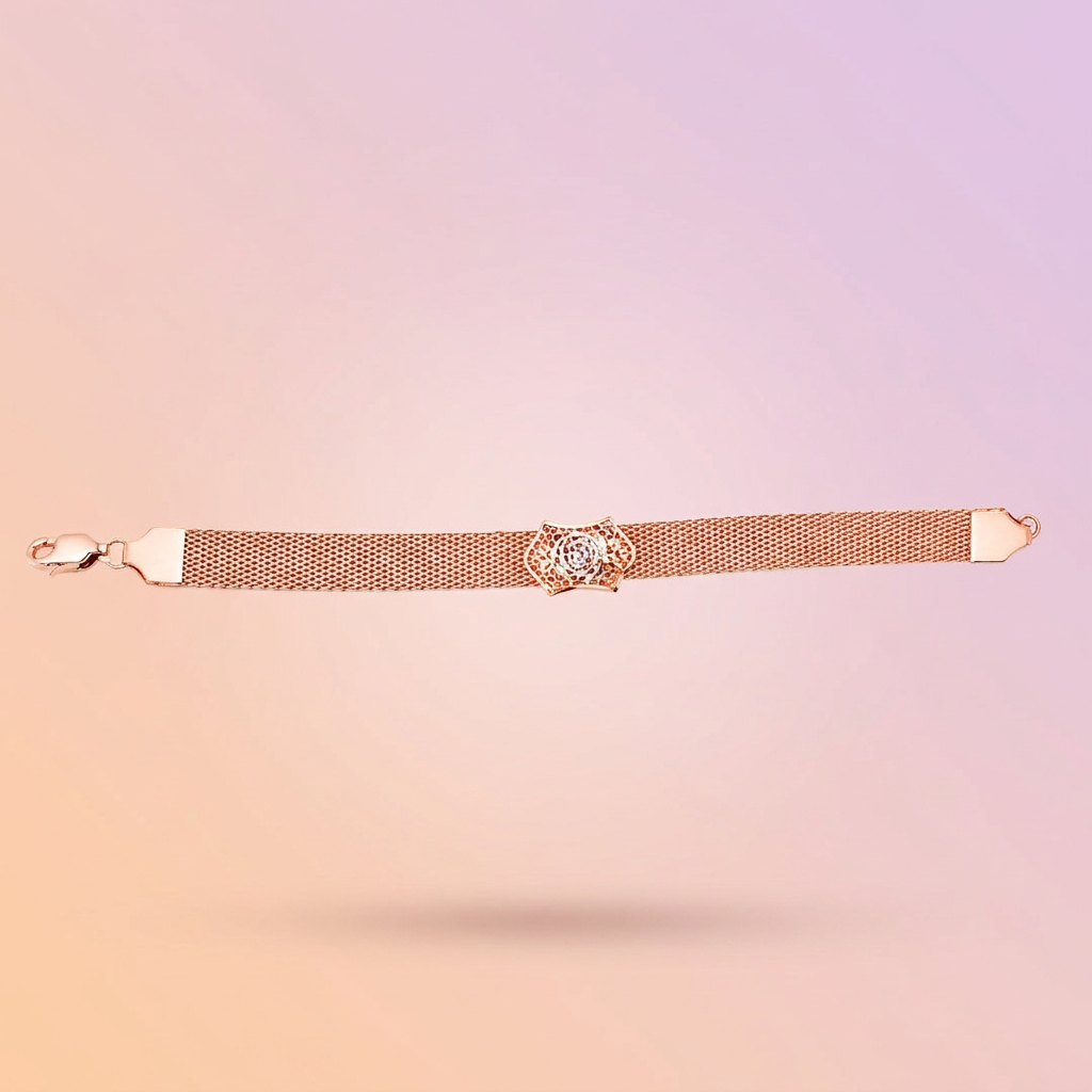 Rose Gold Mesh Rose Plaque Ladies Bracelet | 925 Sterling Silver