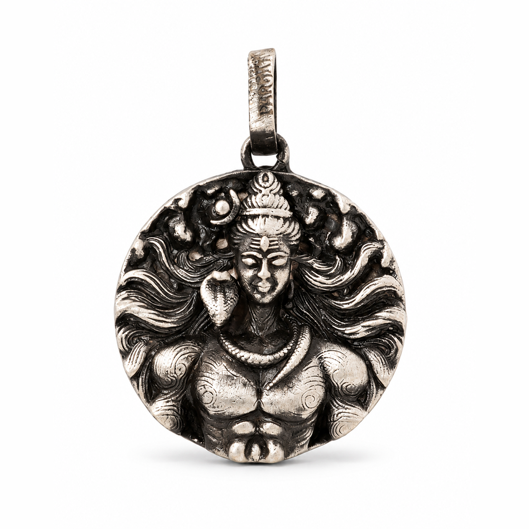 Antique Silver Tone Lord Shiva Round Pendant with Serpent & Crescent Moon