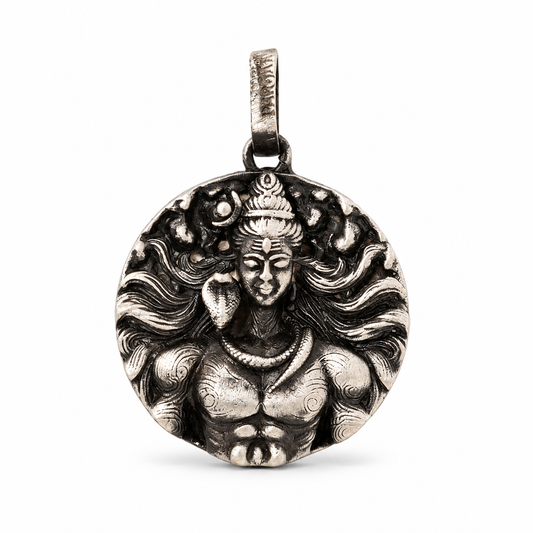 Antique Silver Tone Lord Shiva Round Pendant with Serpent & Crescent Moon