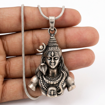Antique Silver Tone Lord Shiva Bust Pendant with Serpent & Crescent Moon
