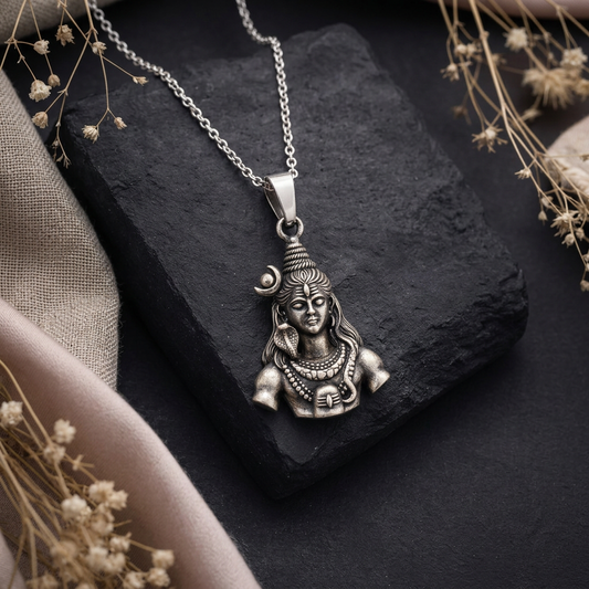 Antique Silver Tone Lord Shiva Bust Pendant with Serpent & Crescent Moon