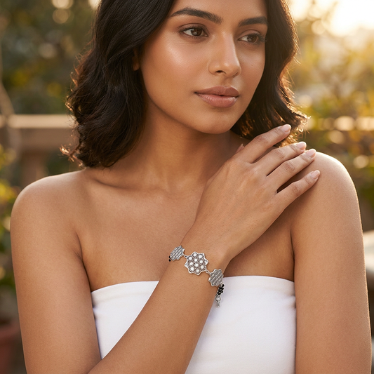 Silver Star Lattice Medallion Ladies Bracelet | 925 Sterling Silver