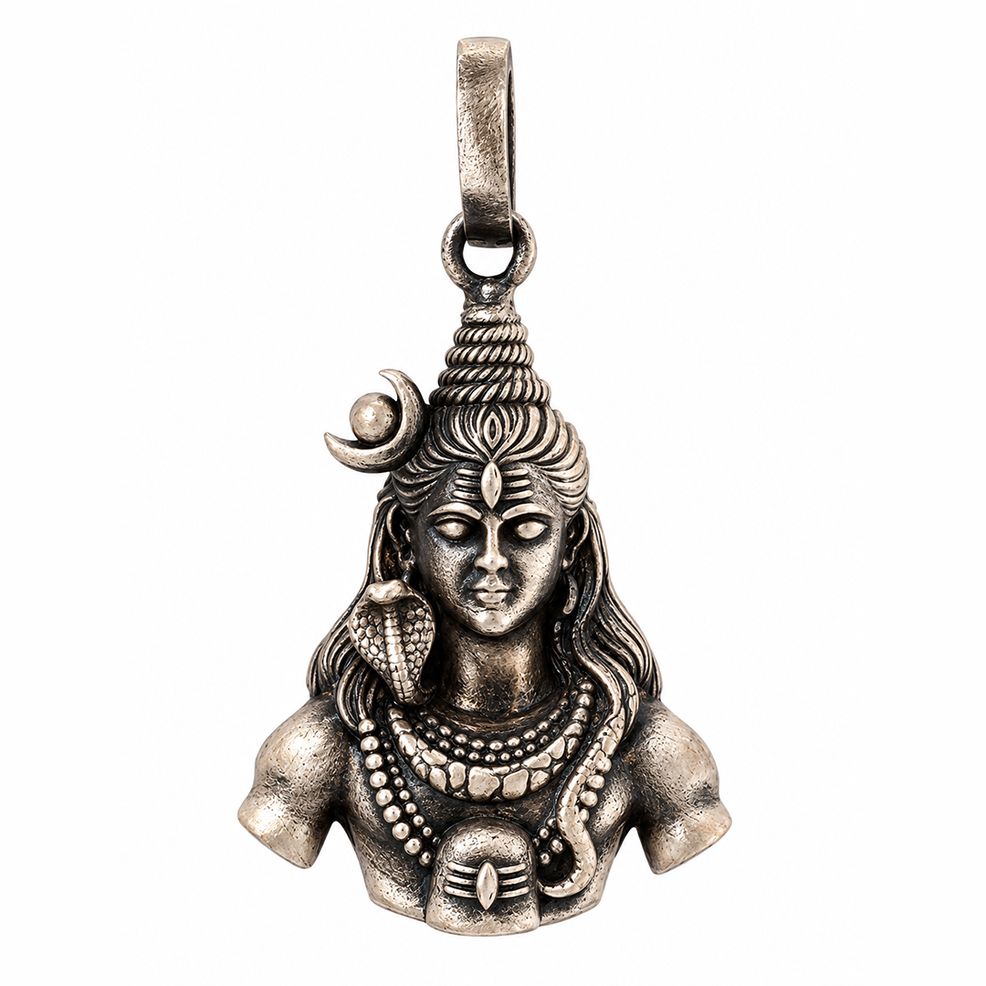 Antique Silver Tone Lord Shiva Bust Pendant with Serpent & Crescent Moon