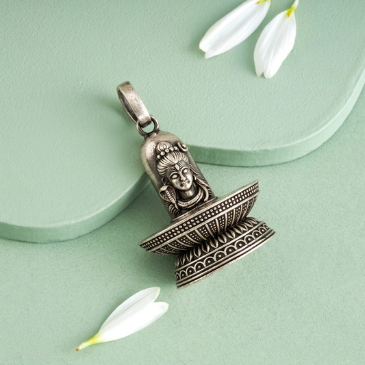 Antique Silver Tone Lord Shiva Shivling Pendant with Serpent & Crescent Moon