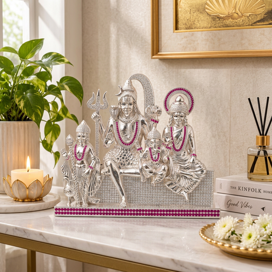 Silver Tone Shiva Parivar Idol with Pink & Clear Stone Work