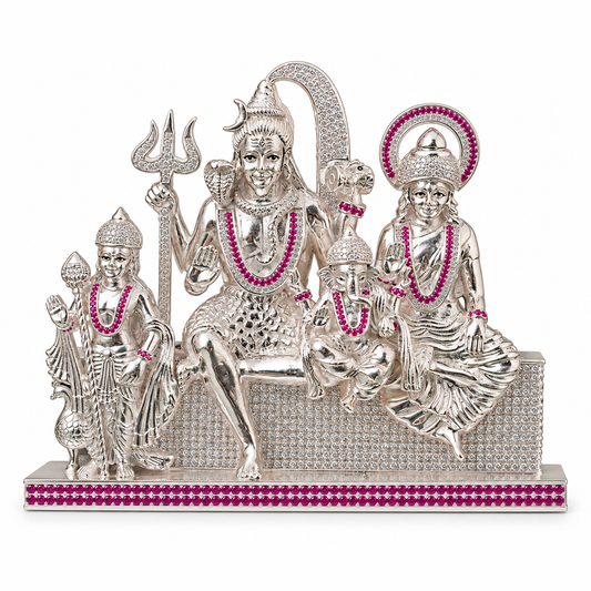 Silver Tone Shiva Parivar Idol with Pink & Clear Stone Work