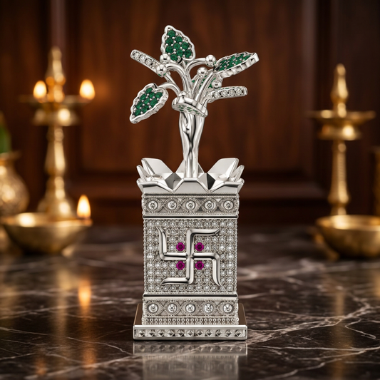Silver Tone Tulsi Plant Showpiece with Swastik & Green Stone Leaves