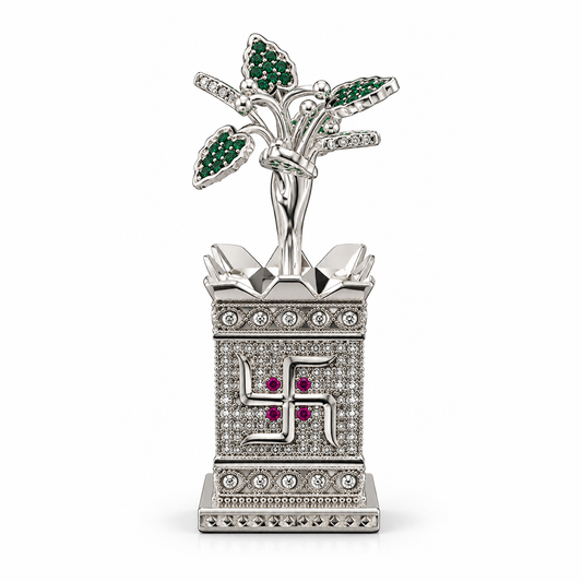 Silver Tone Tulsi Plant Showpiece with Swastik & Green Stone Leaves