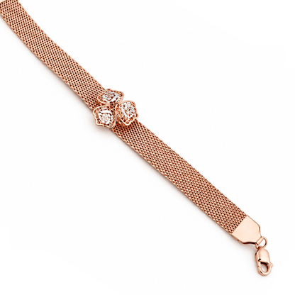 Rose Gold Mesh Triple Rose Cluster Ladies Bracelet | 925 Sterling Silver