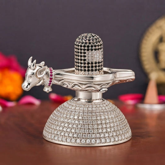 Silver Tone Shivling with Nandi & Black Clear Stone Work