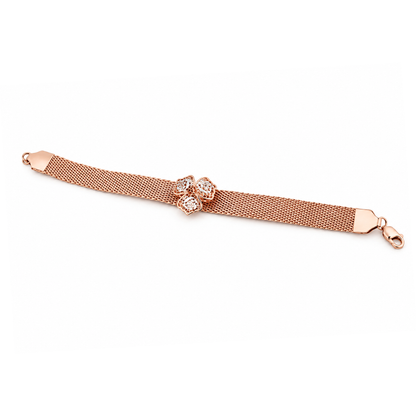 Rose Gold Mesh Triple Rose Cluster Ladies Bracelet | 925 Sterling Silver