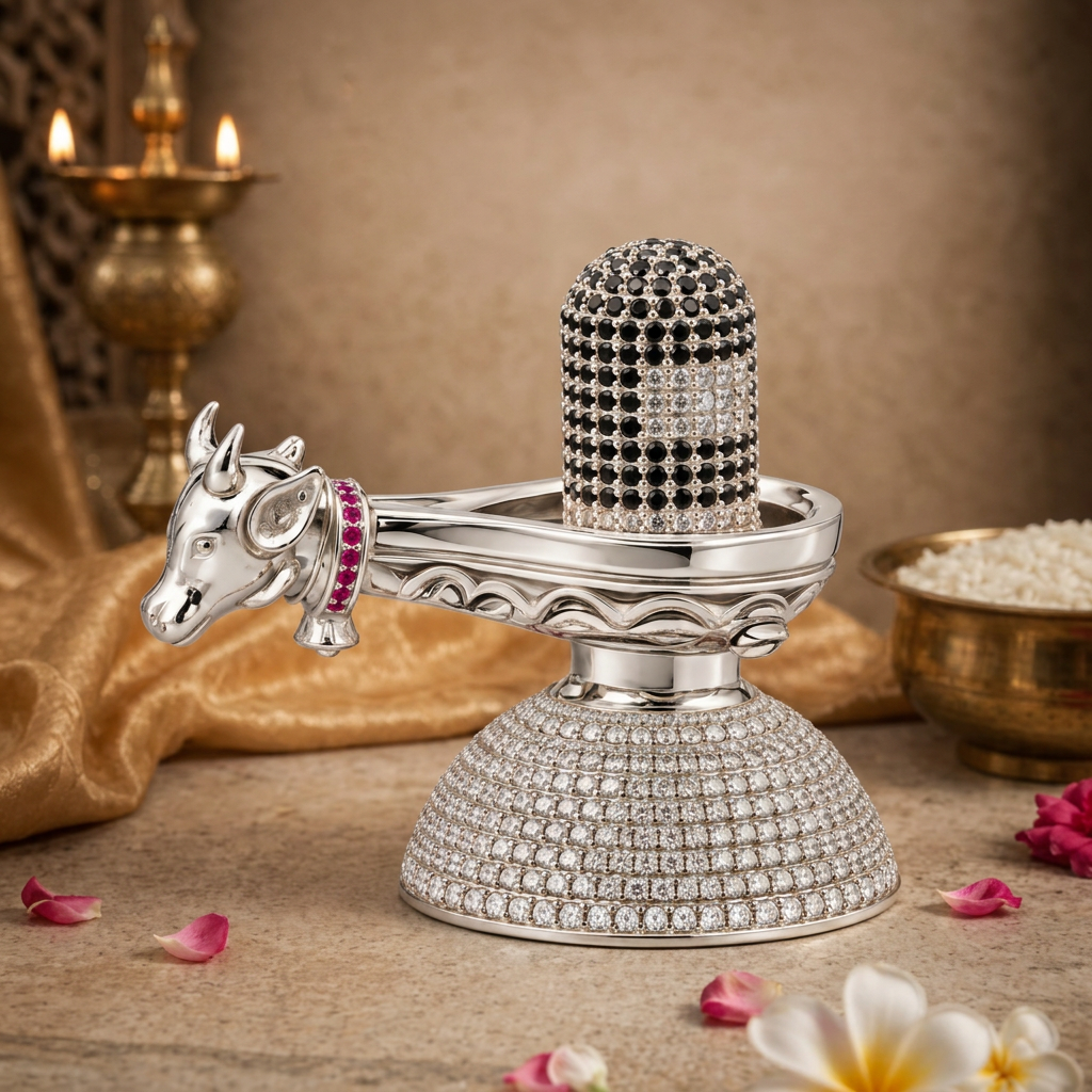 Silver Tone Shivling with Nandi & Black Clear Stone Work