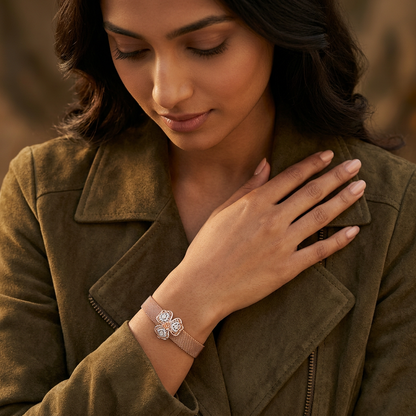 Rose Gold Mesh Triple Rose Cluster Ladies Bracelet | 925 Sterling Silver