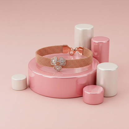 Rose Gold Mesh Triple Rose Cluster Ladies Bracelet | 925 Sterling Silver