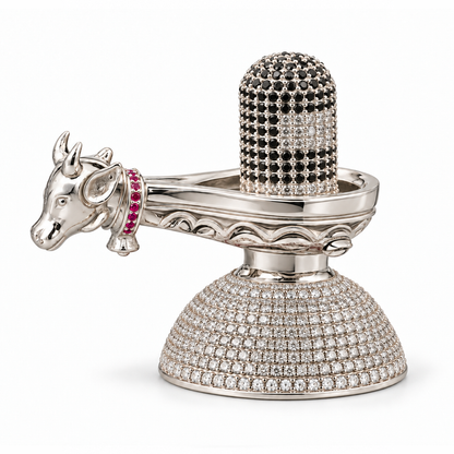 Silver Tone Shivling with Nandi & Black Clear Stone Work