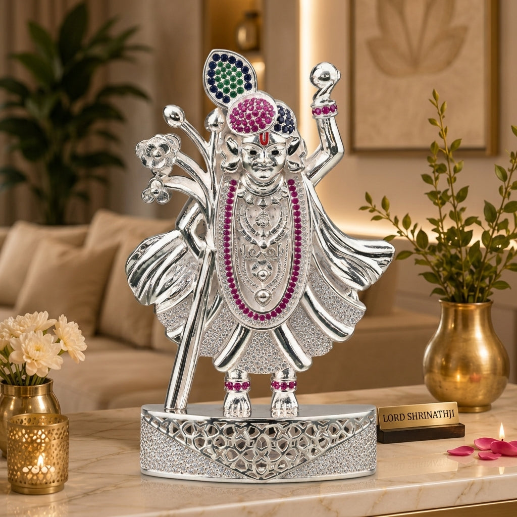 Silver Tone Shrinathji Idol with Multicolor Stone Work
