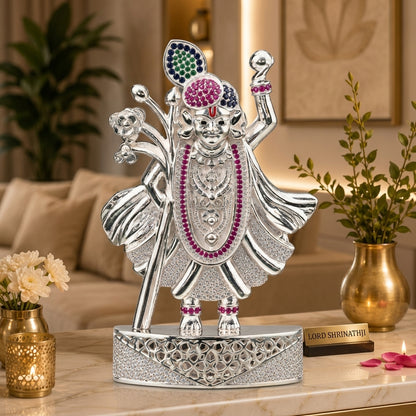 Silver Tone Shrinathji Idol with Multicolor Stone Work