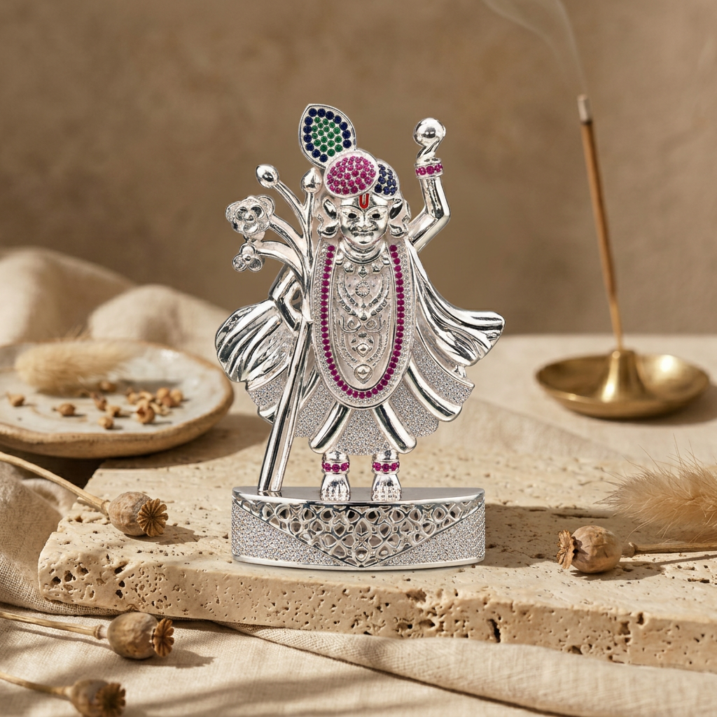 Silver Tone Shrinathji Idol with Multicolor Stone Work